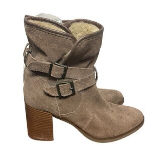 Kurt Geiger Tan Suede Double Buckle Heeled Boot With Shearling Lining, 9.5